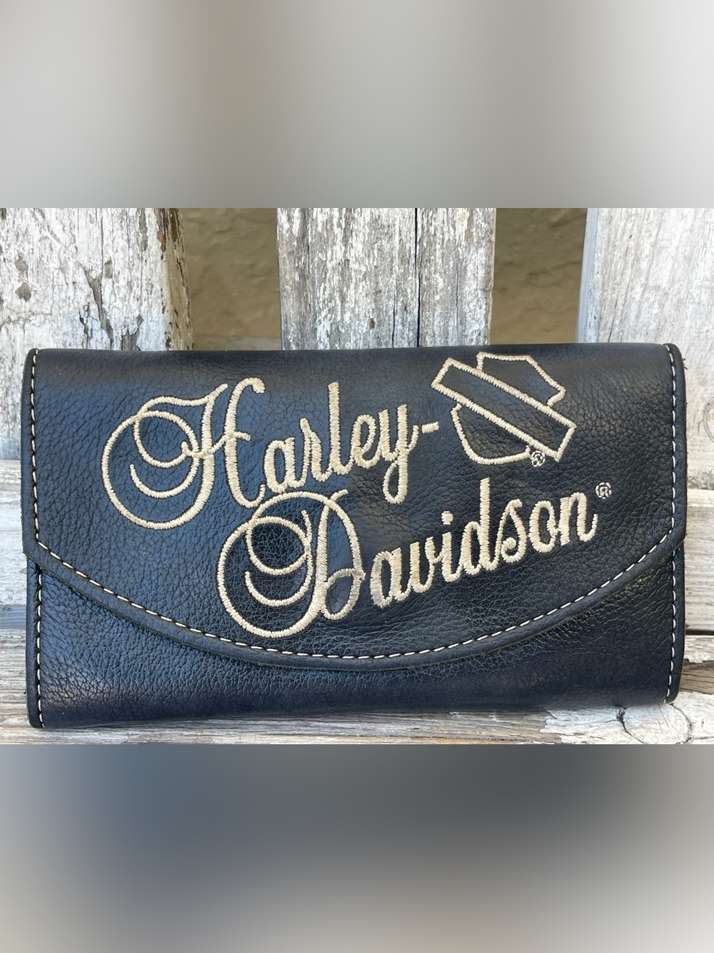 Harley-Davidson Embroidered Script Tri-Fold Wallet Black Leather Bikercore